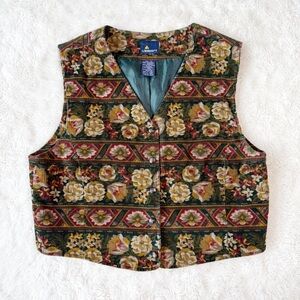 VTG Liz Sport Women Floral Corduroy Button Front Vest US14 Cottagecore Boho 80s
